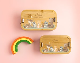 Personalised lunch box for baby and children, bamboo and stainless steel fruit snack box, custom cute animals lunch box gift for birthday