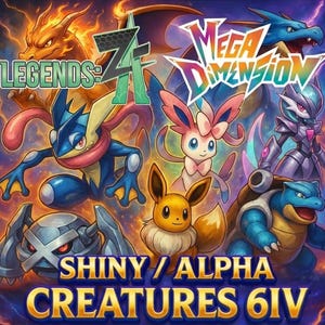 Op de afbeelding: Een digitale illustratie met verschillende kleurrijke wezens en de teksten "LEGENDS Z4" en "MEGA DIMENSION". De afbeelding bevat ook de tekst "SHINY / ALPHA CREATURES 6IV". Het kunstwerk heeft een fantasiethema.
