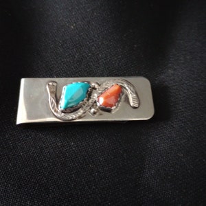 Vintage Native American Navajo Snake Money Clip - Sterling Silver with Turquoise & Red Coral unmarked