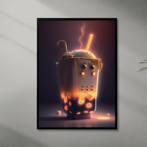 Puede incluir: Un vaso de té de burbujas con forma de robot blanco y dorado con una pajita y una tapa humeante. El vaso está lleno de té de burbujas negro y tiene una luz naranja brillante a su alrededor.
