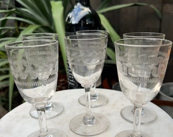 Antique Edwardian etched Greek Key port/sherry glasses