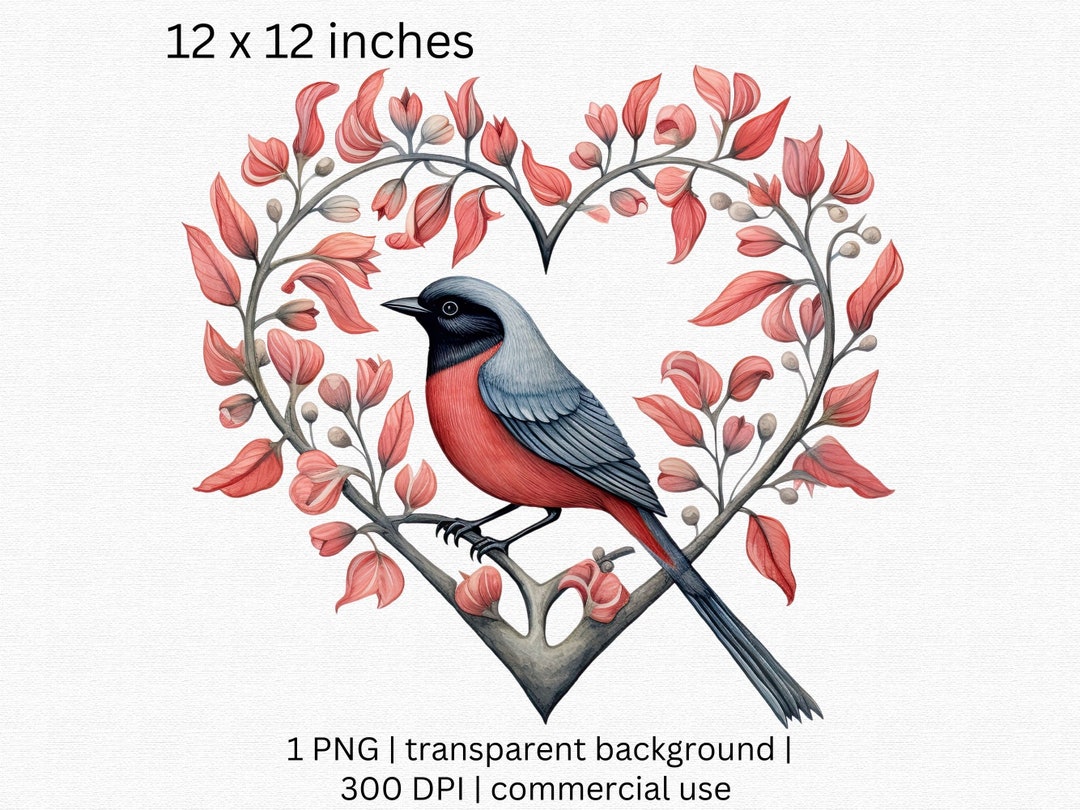 Watercolor Valentines Day Bird Clipart, Heart Shaped Tree Branch ...