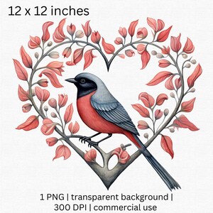 Clipart de pássaro em aquarela do dia dos namorados, clipart de galho de árvore em forma de coração, pássaro retrô dos namorados PNG, uso comercial incluído