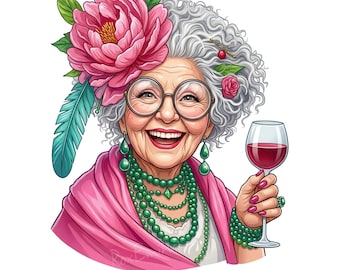 Diva Grandma Clipart, Senior Woman Png, Fashionable Lady Png, Boho Granny Decor, Wine Clipart