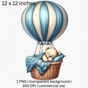 Sleeping Teddy Bear Hot Air Balloon Clipart, Blue Baby Shower Gift, Cute Kids Room Digital Artwork,  Watercolor PNG for Nursery Art