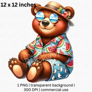Summer Vibes Bear Clipart, Tropical Beach Ready Teddy PNG, Printable Nursery Decor, PNG Transparent Background