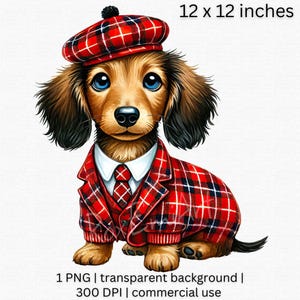以下が含まれることがあります： 赤いチェック柄のスーツと帽子をかぶったダックスフントのデジタルイラスト。犬は茶色の毛並みと青い目をしています。