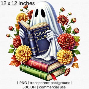 Puede incluir: Un fantasma blanco sosteniendo un libro que dice "Ghost Book" en letras azules. El fantasma est&aacute; rodeado de flores de oto&ntilde;o, incluyendo dalias rojas, naranjas y amarillas. El libro est&aacute; sentado encima de una pila de tres libros.