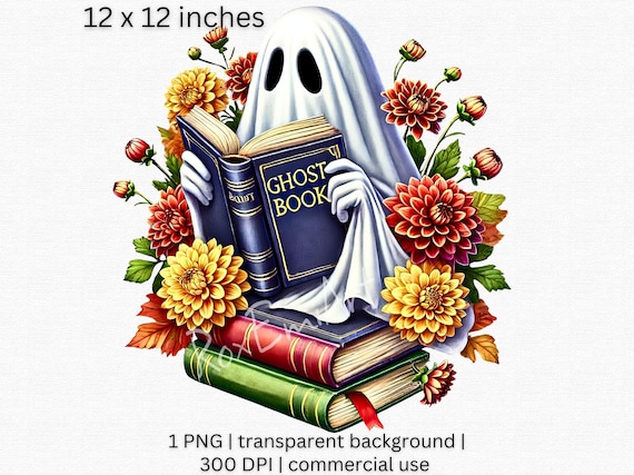 Floral Ghost PNG, Cute Ghost Reading a Book Clipart, Watercolor Halloween Clipart, Magical Clipart, Transparent Background