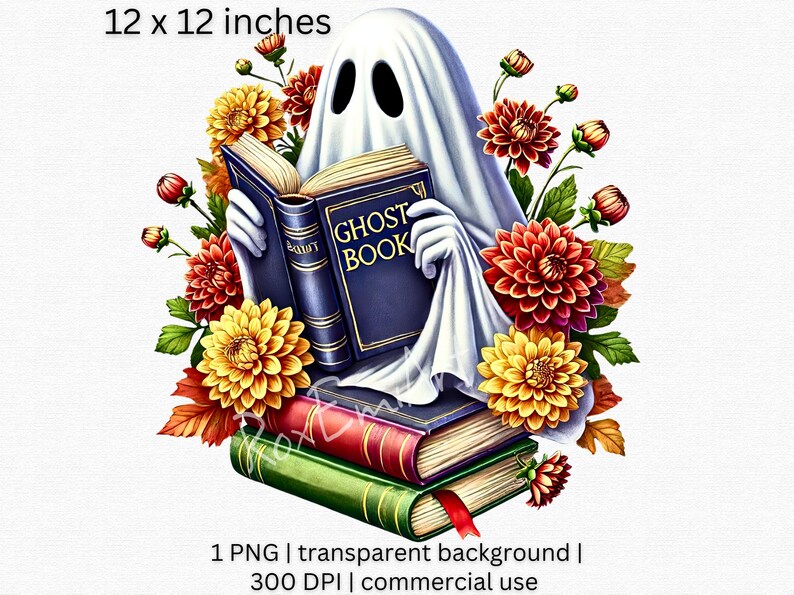 Puede incluir: Un fantasma blanco sosteniendo un libro que dice "Ghost Book" en letras azules. El fantasma est&aacute; rodeado de flores de oto&ntilde;o, incluyendo dalias rojas, naranjas y amarillas. El libro est&aacute; sentado encima de una pila de tres libros.