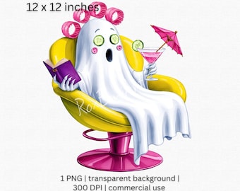 Relaxing Ghost Clipart, Cozy Halloween Clipart, Cute Ghost Reading PNG, Funny Ghost with Rollers and Cocktail PNG, Transparent Background