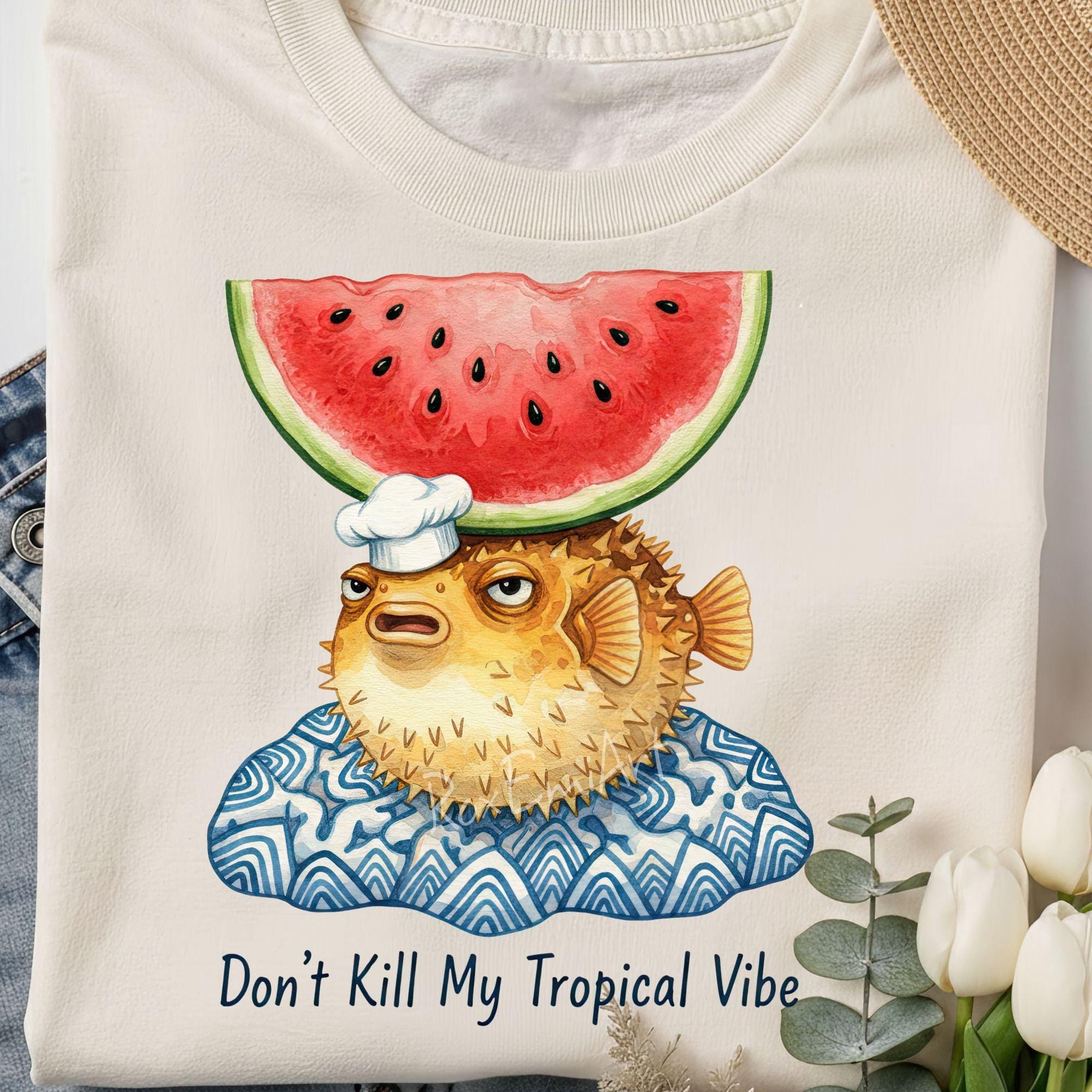 Pufferfish Clipart, Watermelon Chef Hat Blowfish Png, Funny Tropical ...