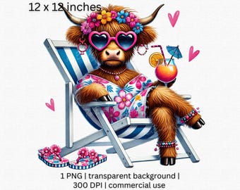 Cute Summer Highland Cow PNG, Summer Vibes PNG, Floral Highland Cow Clipart, Funny Farm Animal Clipart, Vacation Png, Beach Png, Summer Png