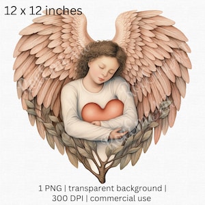 Heart Shaped Sleeping Girl Angel Clipart, Guardian Angel Wings PNG, Red Heart Valentine Retro, Commercial Use