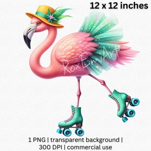 Whimsical Roller-Skating Flamingo Clipart, Funny Bird PNG, Vibrant Home Decor Illustration, For Playrooms and Nurseries, Commercial Use