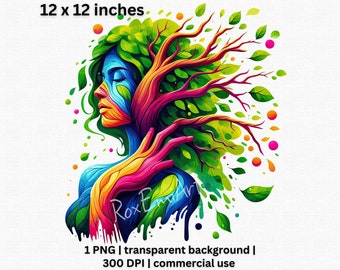 Colorful Tree Woman Clipart, Vibrant Nature Goddess PNG, Modern Botanical Art, Nature Inspired Abstract Graphic, Transparent Background