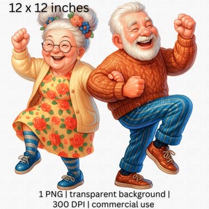 Coppia di anziani allegri in formato PNG, Clipart di nonni che ballano allegramente, Clipart di anziani felici, PNG di amore vintage, Clipart di festa di pensionamento retrò