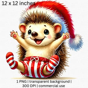Clipart hérisson de Noël, adorable clipart animal de vacances, bébé animal avec bonnet de Noel, PNG de Noël, art festif pour enfants et décoration de chambre d'enfant