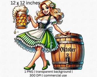 Oktober Beer Girl Clipart, Bavarian Dirndl PNG, Transparent Design