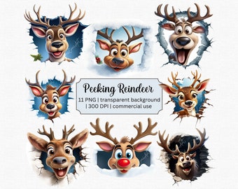 Cute Reindeer Clipart, Funny Reindeer Peeking through a Hole in the Wall, 3D PNG, Transparent Background, Commercial License Included