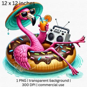 Könnte beinhalten: Ein pinkfarbener Flamingo mit Sonnenbrille und einem blau-weißen Hut schwimmt in einem Donut-förmigen Pool-Schwimmring mit Schokoladenfrosting und bunten Streuseln. Der Flamingo hält ein Glas Orangensaft und ein Retro-Radio.