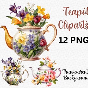Op de afbeelding: Drie theepotten met bloemmotieven en een boeket bloemen. De theepotten zijn wit met gouden accenten en bloemmotieven. De bloemen zijn geel, paars en roze. De tekst "Teapot Clipart 12 PNG Transparent Background" is zichtbaar in de afbeelding.