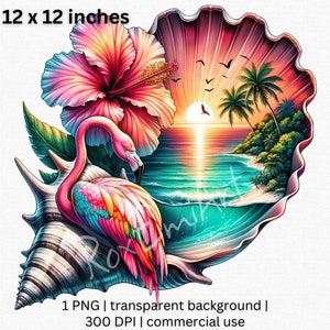 May include: A pink flamingo with colorful feathers perched on a seashell with a tropical sunset scene inside. The seashell is surrounded by lush green foliage and a pink hibiscus flower.