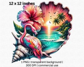 Tropical Flamingo Beach Sunset Clipart