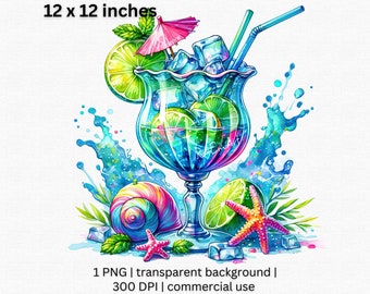 Vibrant Tropical Cocktail Clipart, Colorful Beach Drink Illustration, Perfect for Summer Party Wall Decor, PNG Transparent Background