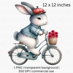 Charmantes Kaninchen Clipart - niedliches Kaninchen auf Fahrrad, digitales Bild, Frühlingsblumenkorb Illustration, Kinderzimmer Dekor druckbare Kunst
