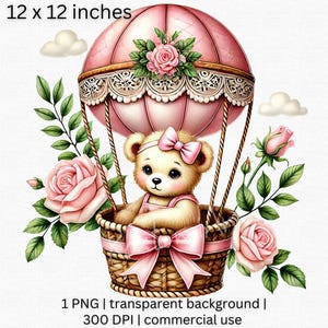 Rosa Teddy Bär im Heißluftballon Clipart, Rosen Teddy Bär Clipart, niedliche Aquarell Illustration für Kinderzimmer Kunst und Handwerk Projekte