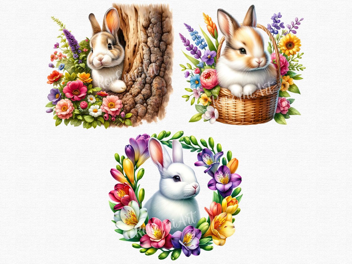 Easter Bunny Bliss Clipart Bundle | Floral Rabbit Illustrations ...