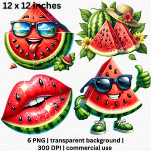 Letnie wibracje Arbuz Clipart Bundle, Żywe Usta Arbuza Clipart, Słodki Owoc z Kreskówek PNG, Dekoracja Plażowej Imprezy, Przezroczyste Tło