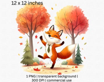 Adorable zorro otoñal clipart, lindo animal del bosque clipart, caprichoso otoño PNG, acogedoras vibraciones de la naturaleza otoñal gráfico, fondo transparente