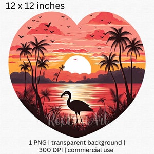 Pôr do sol em formato de coração PNG, aquarela do dia dos namorados vintage flamingo e arte de palmeira, uso comercial incluído