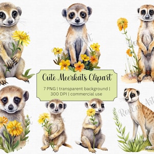 Lindo paquete de imágenes prediseñadas de suricata para álbum de recortes, arte de vivero de la jungla, camisa del reino animal y más / PNG transparentes / ¡Uso comercial gratuito!