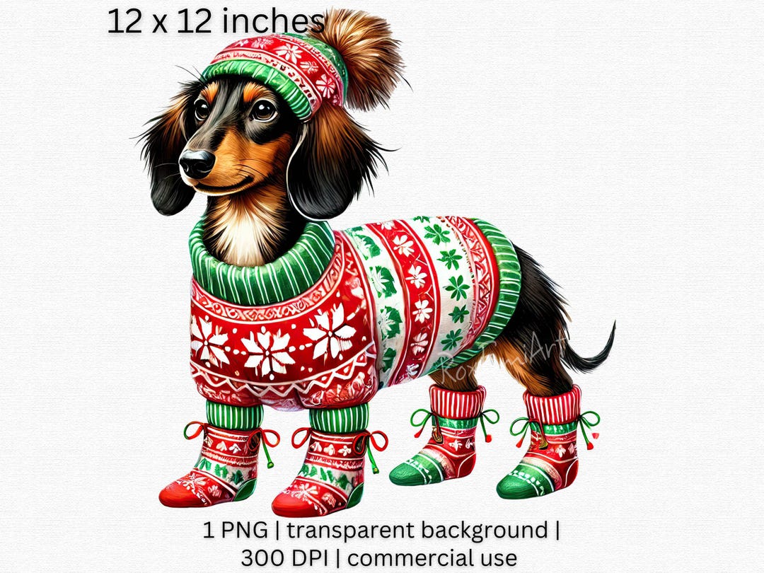 Festive Dachshund Clipart, Christmas Dog Clipart, Funny Puppy PNG, Cute ...