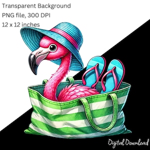 May include: A pink flamingo wearing a blue and white sun hat and flip-flops is sitting inside a green and white striped beach bag.