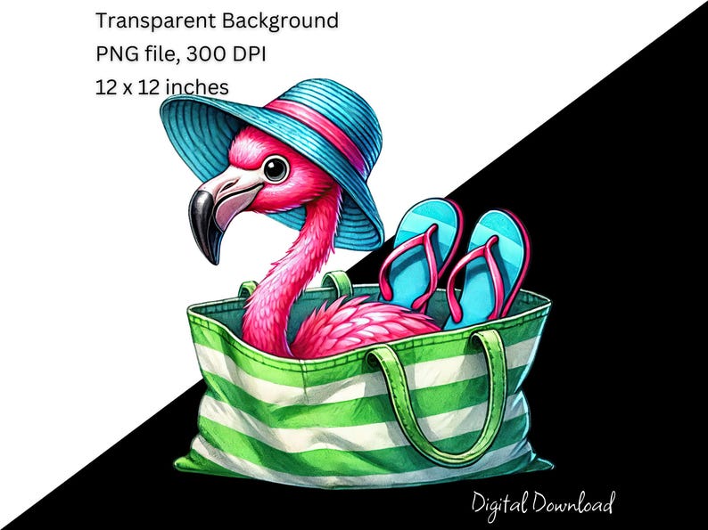 May include: A pink flamingo wearing a blue and white sun hat and flip-flops is sitting inside a green and white striped beach bag.