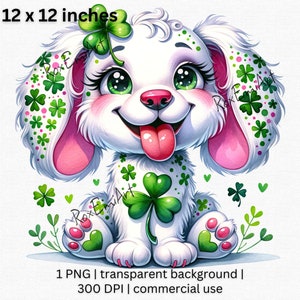 St Patrick's Day Cute Dalmatian Clipart, Lucky Puppy Digital Art, Cute Cartoon Dog with Shamrocks Printable, Green Clover Pet Illustration