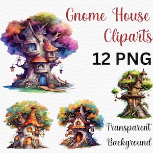 May include: A set of 12 digital clipart images featuring whimsical tree houses with colourful leaves and intricate details. The houses have windows, doors, and chimneys, and are surrounded by lush greenery. The text "Gnome House Clipart 12 PNG Transparent Background" is visible in the image.