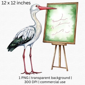 Clipart de cigüeña / Regreso a la escuela PNG / Diseño de sublimación de cigüeña / Manualidades digitales / PNG transparente / Uso comercial gratuito