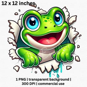 Whimsical Green Frog PNG, Funny Frog Peeking Through a Hole in the Wall,  Cute Animal Clipart, Cartoon Frog Graphic, Transparent Background