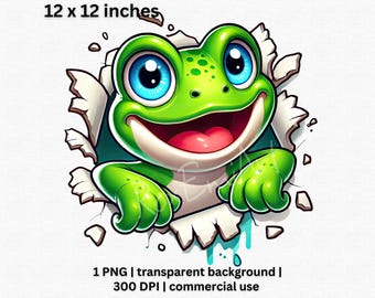May include: A cartoon green frog with big blue eyes and a wide smile is peeking out of a ripped piece of paper. The frog is 12 inches by 12 inches.