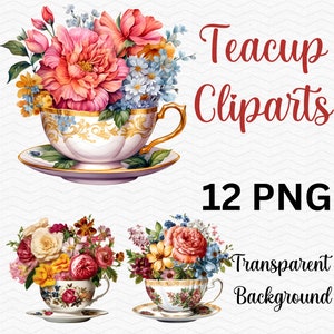 Clipart di tazze da tè vintage / Pacchetto di 12 clipart di tazze da tè png / Uso commerciale gratuito!