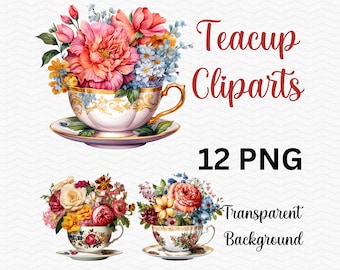 Clipart de taza de té vintage / paquete de 12 clipart png de taza de té / ¡Uso comercial gratuito!