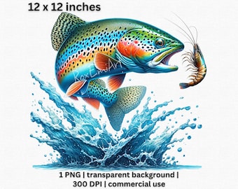 Rainbow Trout Clipart, Colorful Fish and Water Splash Illustration for Fishing Enthusiasts, PNG Transparent Background