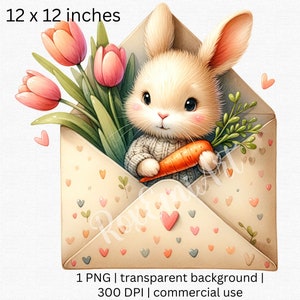 Clipart de coelhinho da Páscoa, coelho fofo em um envelope clipart para cartões de Páscoa, livro de recortes ou qualquer outro design. Licença Comercial Incluída