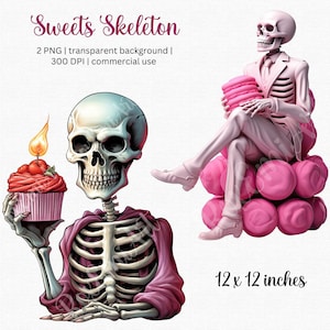 Funny skeleton on pink marshmallows & Skeleton holding a cupcake birthday - Cliparts for birthday Halloween invitation card | Commercial use