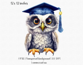 Graduation Clipart | Watercolor Owl PNG | Printable Bird | Graduation Cap PNG | Graduate Gift | Free Commercial Use!